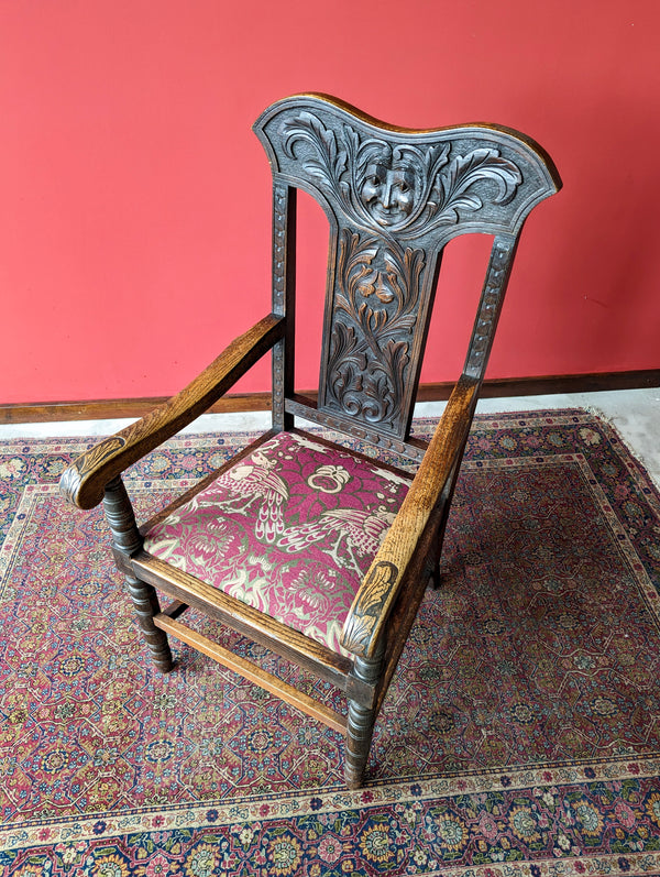 Antique Victorian Oak Green Man Armchair
