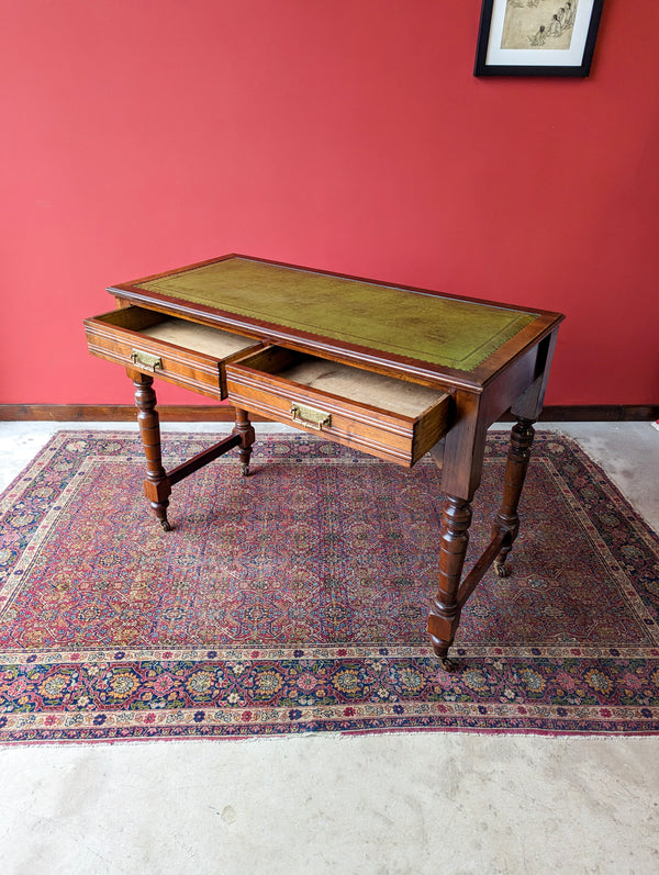 Antique Edwardian Mahogany Leather Topped Narrow Writing Table / Desk