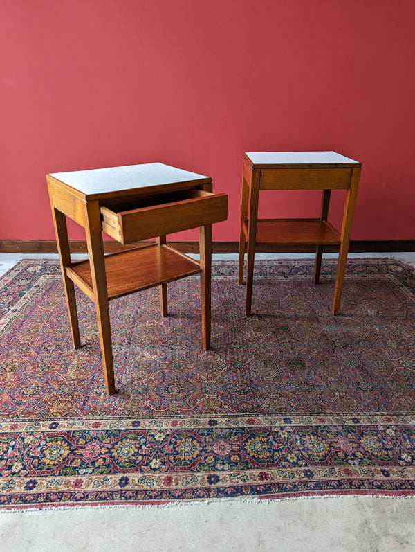 Pair of Mid Century Teak Remploy Formica Topped Bedside Tables