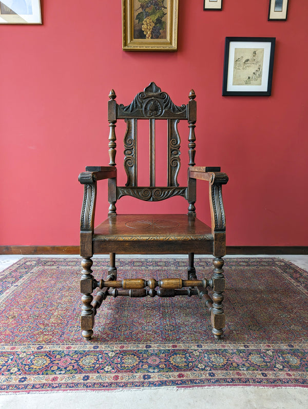 Antique Early 20th Century Carved Oak Armchair / Throne Chair