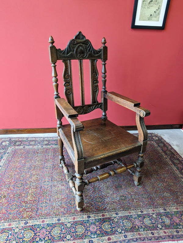 Antique Early 20th Century Carved Oak Armchair / Throne Chair