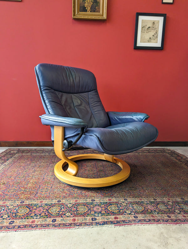 Mid Century Blue Leather Ekornes Stressless Recliner Armchair & Footstool