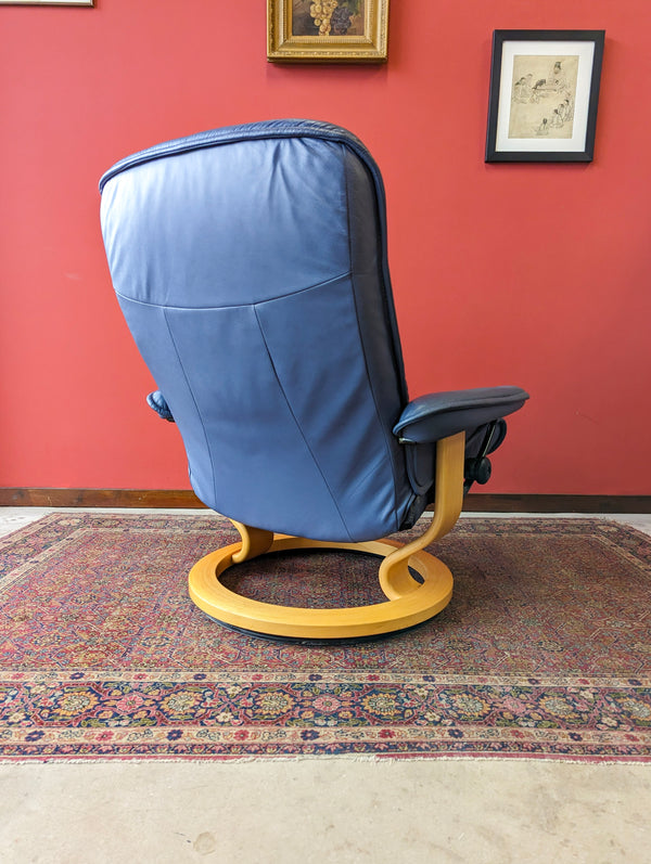 Mid Century Blue Leather Ekornes Stressless Recliner Armchair & Footstool