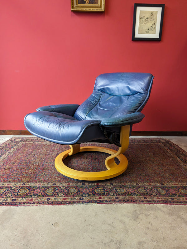 Mid Century Blue Leather Ekornes Stressless Recliner Armchair & Footstool