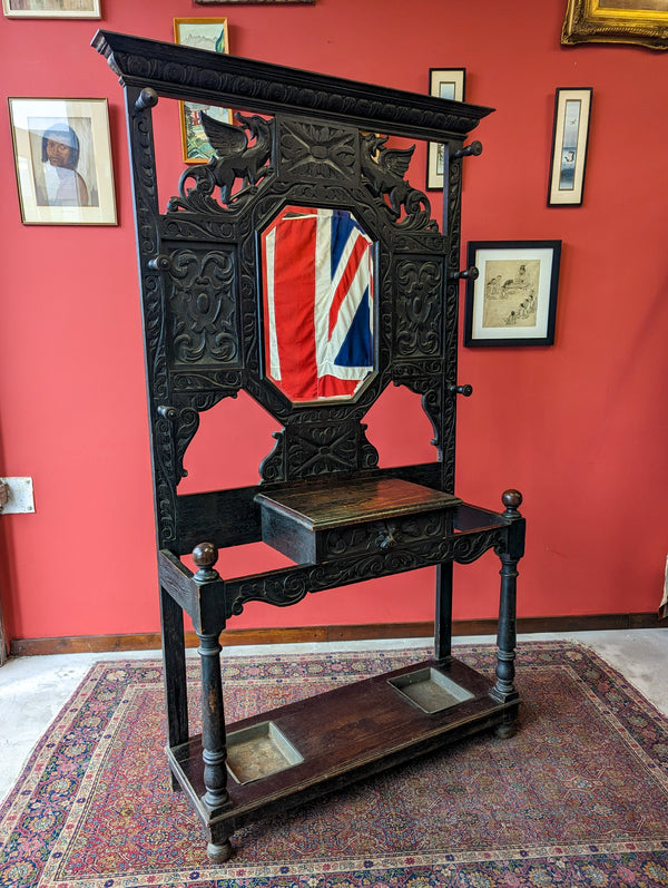 Antique Victorian Ebonised Carved Mahogany Welsh Hall Stand