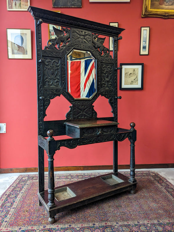 Antique Victorian Ebonised Carved Mahogany Welsh Hall Stand