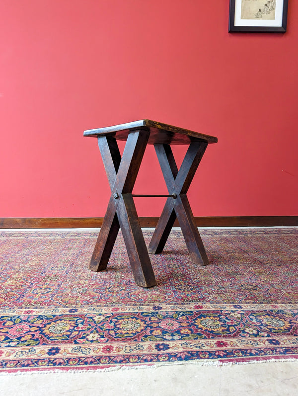 Antique 19th Century X-frame Oak Church Stool / Side Table